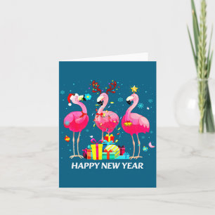 Flamingo Santa Hat Happy New Year Light Long Sleev Card