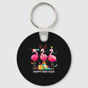 Flamingo Santa Hat Happy New Year Light Long Sleev Key Ring