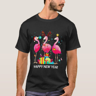 Flamingo Santa Hat Happy New Year Light Long Sleev T-Shirt