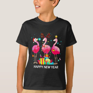 Flamingo Santa Hat Happy New Year Light Long Sleev T-Shirt