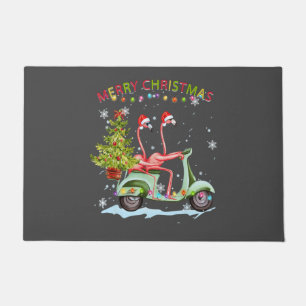 Flamingo Santa Hat Xmas Light Motobike Christmas Doormat