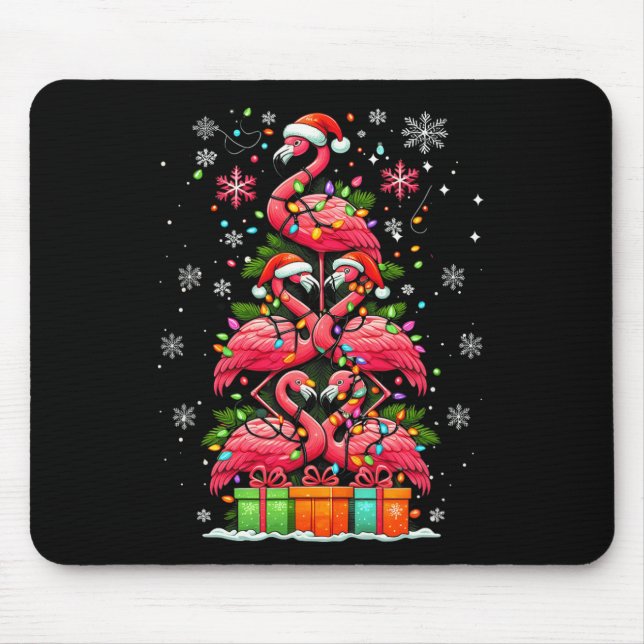 Flamingo Santa Hat Xmas Lights Christmas Tree Anim Mouse Pad (Front)