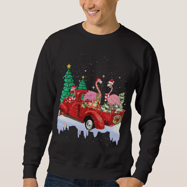 Flamingo Santa on Red Truck Christmas Pyjamas Funn Sweatshirt (Front)