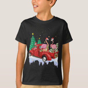 Flamingo Santa on Red Truck Christmas Pyjamas Funn T-Shirt