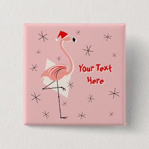 Flamingo Santa Pink Text button square