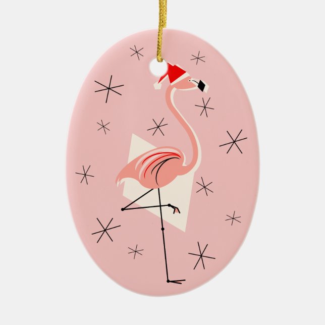 Flamingo Santa Pink Text ornament oval (Front)