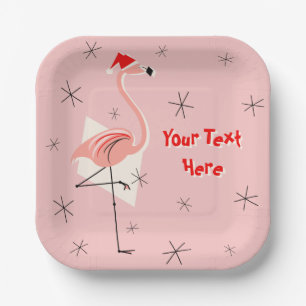Flamingo Santa Pink Text square paper plate