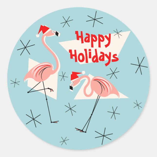 Flamingo Santas Blue Happy Holidays sticker round (Front)