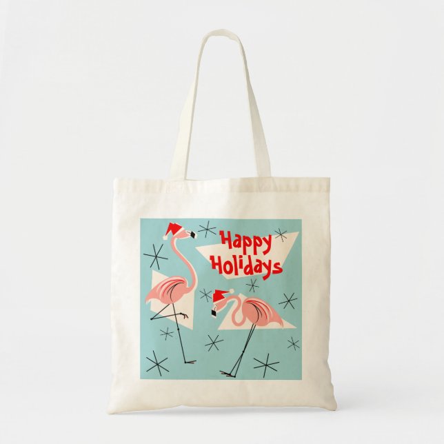 Flamingo Santas Blue Happy Holidays tote bag (Front)