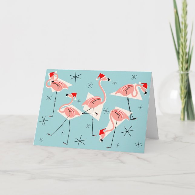 Flamingo Santas Blue horizontal Card (Front)