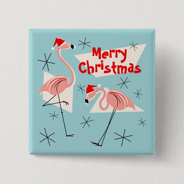 Flamingo Santas Blue Merry Christmas button square (Front)