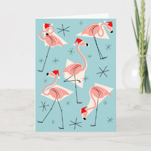 Flamingo Santas Blue Merry Christmas Holiday Card