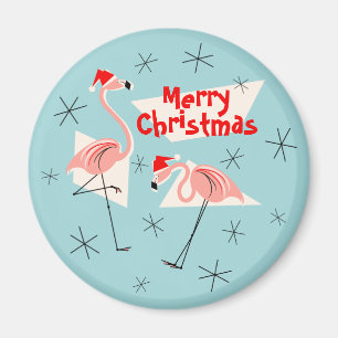 Flamingo Santas Blue Merry Christmas magnet round