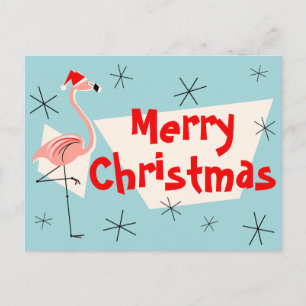 Flamingo Santas Blue Merry Christmas postcard
