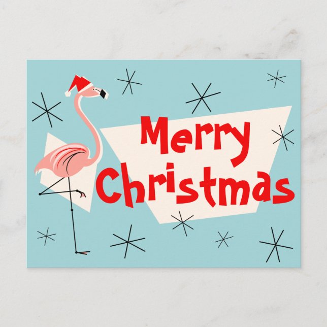 Flamingo Santas Blue Merry Christmas postcard (Front)