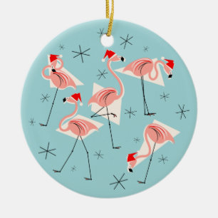 Flamingo Santas Blue Merry Christmas round Ceramic Tree Decoration