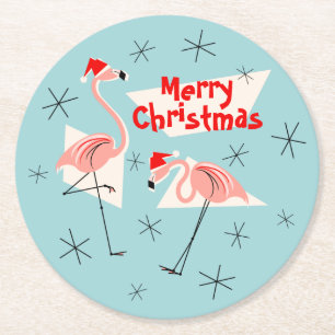 Flamingo Santas Blue Merry Christmas round Paper Coaster