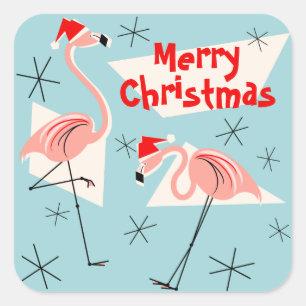 Flamingo Santas Blue Merry Christmas square Sticker