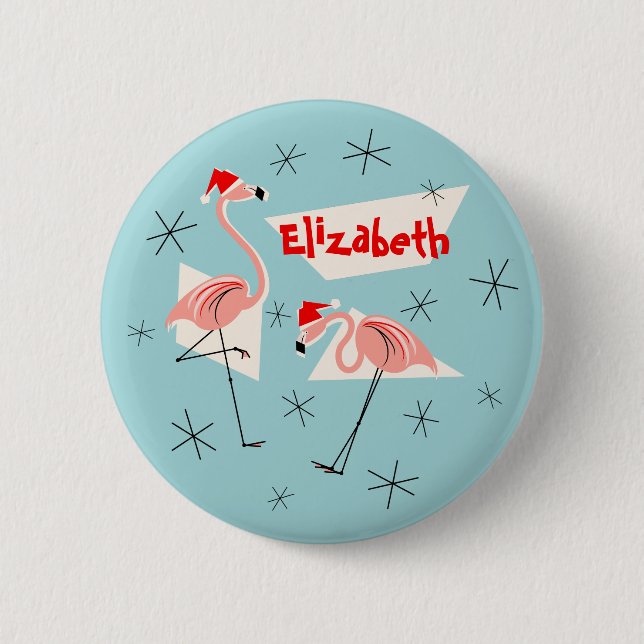 Flamingo Santas Blue Name button round (Front)