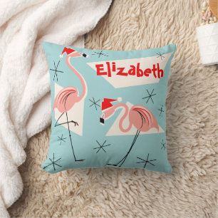 Flamingo Santas Blue Name square Cushion