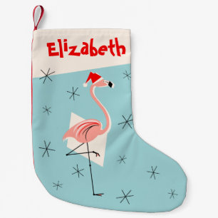 Flamingo Santas Blue Name stocking one-sided