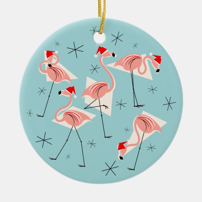 Flamingo Santas Blue ornament round (Front)
