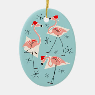Flamingo Santas Blue Text ornament oval