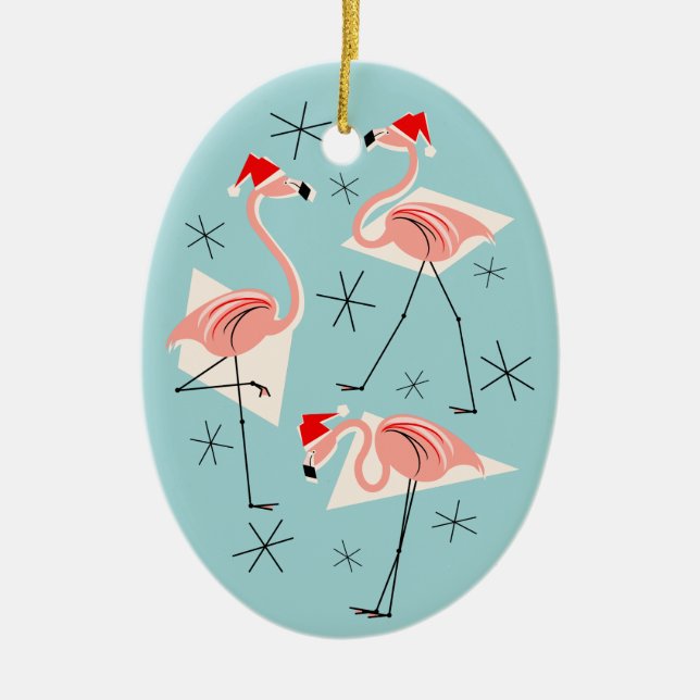 Flamingo Santas Blue Text ornament oval (Front)