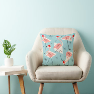 Flamingo Santas Blue throw pillow square