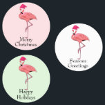 Flamingo Santas Christmas Greetings<br><div class="desc">Add tropical charm to your Christmas packages with these festive flamingo Santa stickers. Featuring a pink flamingo in a Santa hat with three cheerful greetings-Merry Christmas, Happy Holidays, and Seasons Greetings- these vibrant round labels are perfect for coastal celebrations, warm-weather holiday parties, or snowbird getaways. The soft pastel backgrounds and...</div>
