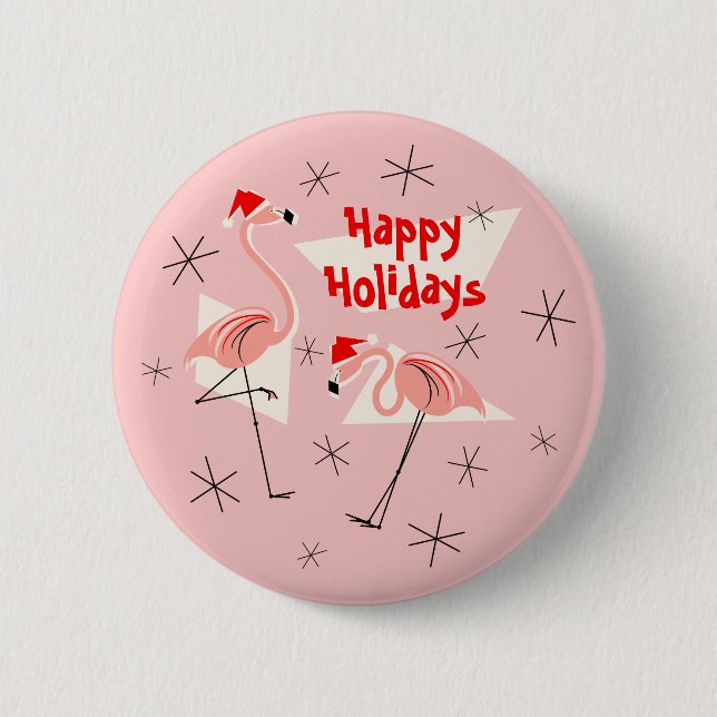 Flamingo Santas Pink Happy Holidays button round (Front)