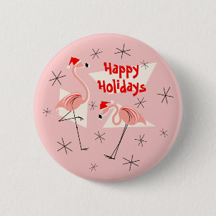Flamingo Santas Pink Happy Holidays button round