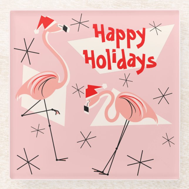 Flamingo Santas Pink Happy Holidays coaster (Front)