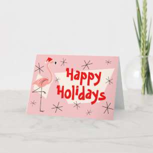 Flamingo Santas Pink Happy Holidays front Holiday Card