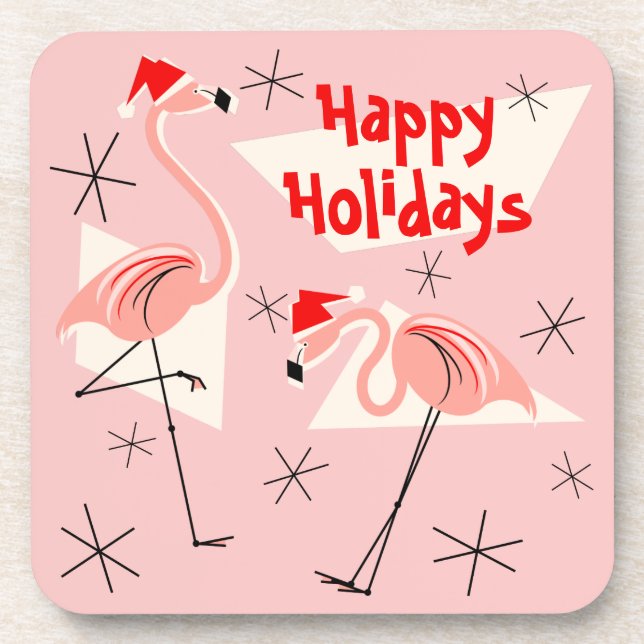 Flamingo Santas Pink Happy Holidays plastic Coaster (Front)