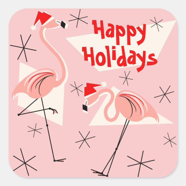 Flamingo Santas Pink Happy Holidays sticker square (Front)