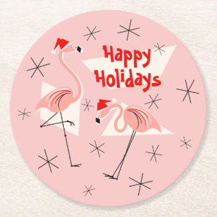 Flamingo Santas Pink Holidays round Paper Coaster