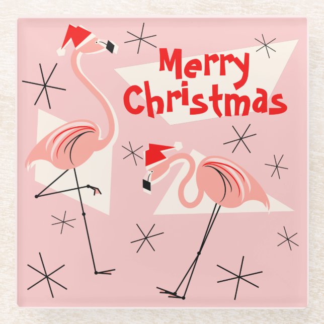 Flamingo Santas Pink Merry Christmas coaster (Front)