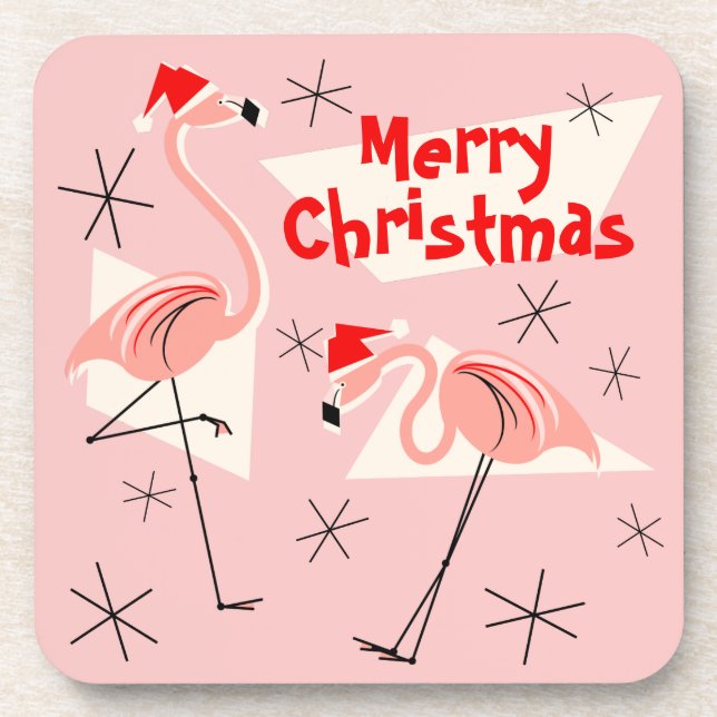 Flamingo Santas Pink Merry Christmas plastic Coaster (Front)