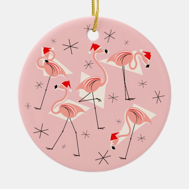 Flamingo Santas Pink Merry Christmas round Ceramic Tree Decoration (Front)