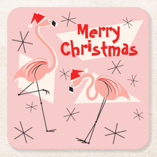 Flamingo Santas Pink Merry Christmas square Square Paper Coaster