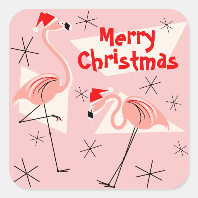 Flamingo Santas Pink Merry Christmas square Sticker (Front)