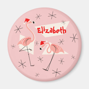 Flamingo Santas Pink Name magnet round