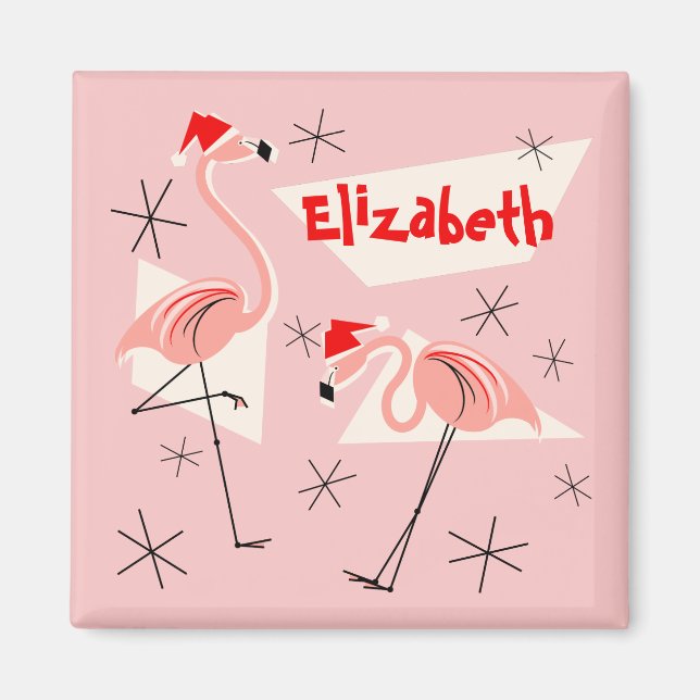Flamingo Santas Pink Name magnet square (Front)