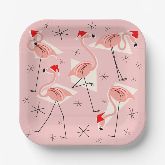 Flamingo Santas Pink square paper plate (Front)