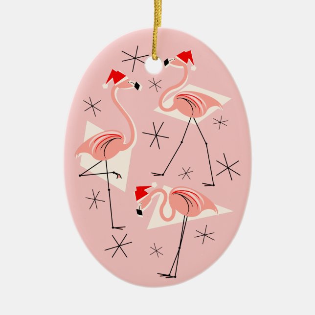 Flamingo Santas Pink Text ornament oval (Front)