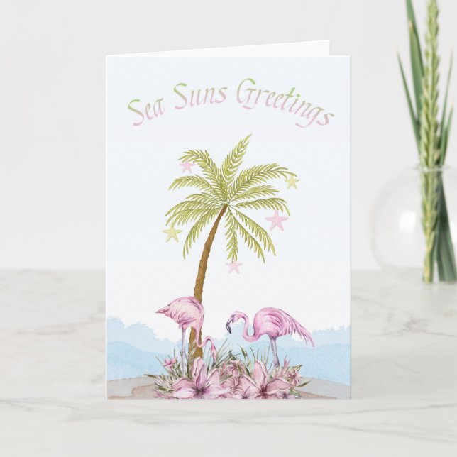 Flamingo Sea Suns Greeting Christmas Holiday Card (Front)