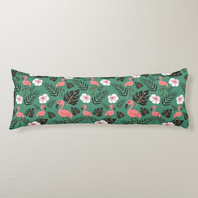 Flamingo seamless pattern pink on green background body cushion (Front)