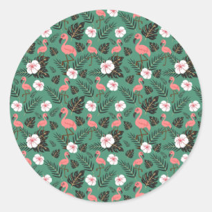 Flamingo seamless pattern pink on green background classic round sticker