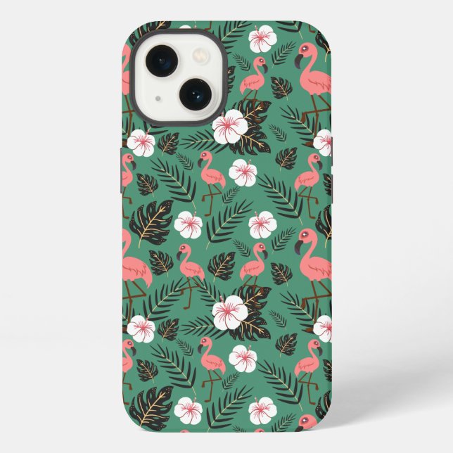 Flamingo seamless pattern pink on green background iPhone case (Back)